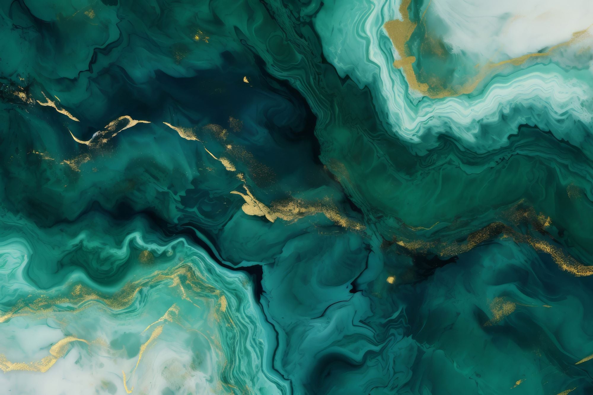 Emerald Green and Gold Fluid Art