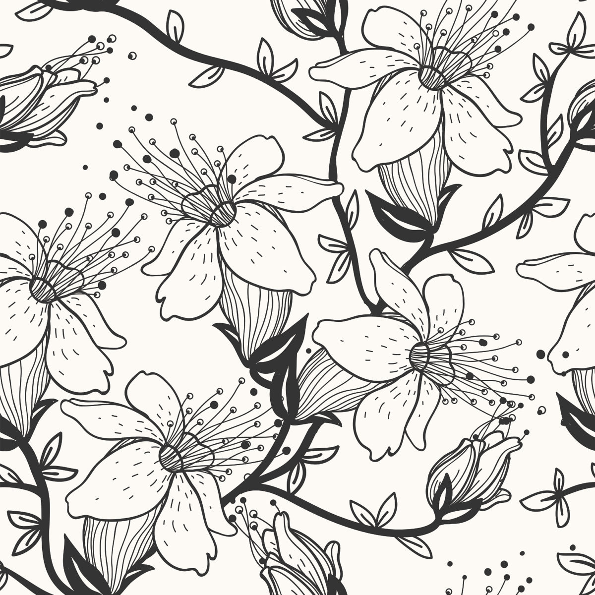 Hand-Drawn Black Floral Pattern on Cream Base