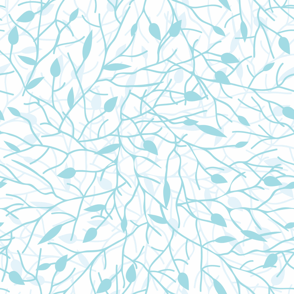 Sky Blue Leafy Branches on White Pattern