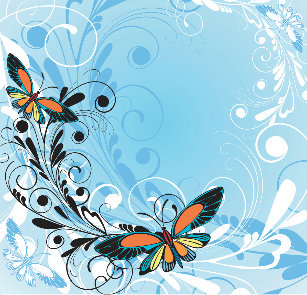 Elegant Blue Floral Swirl with Colorful Butterflies