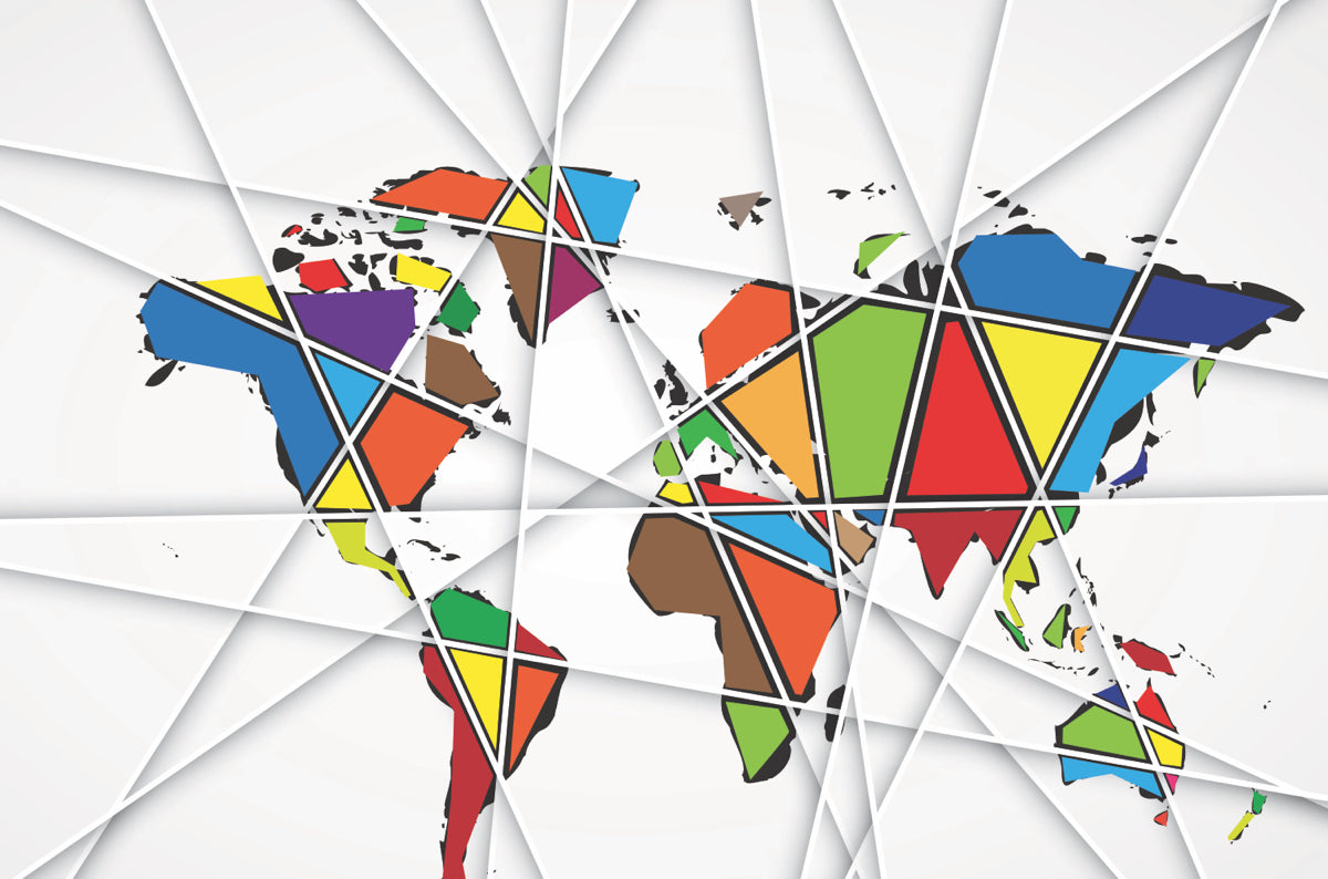 Geometric World Map with Color Block Design
