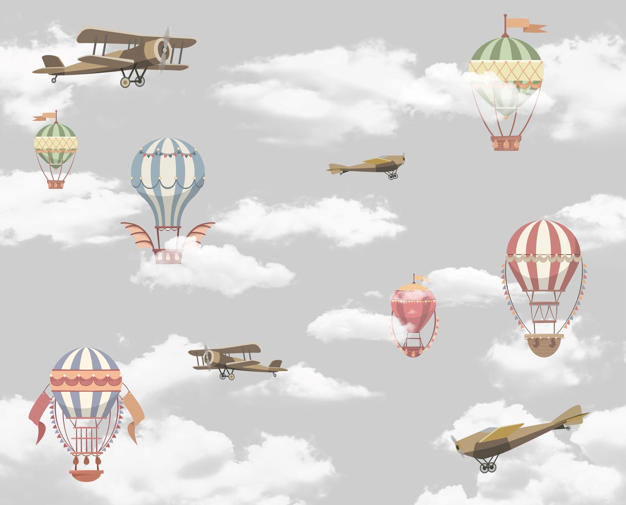 Vintage Planes and Balloons in Sky