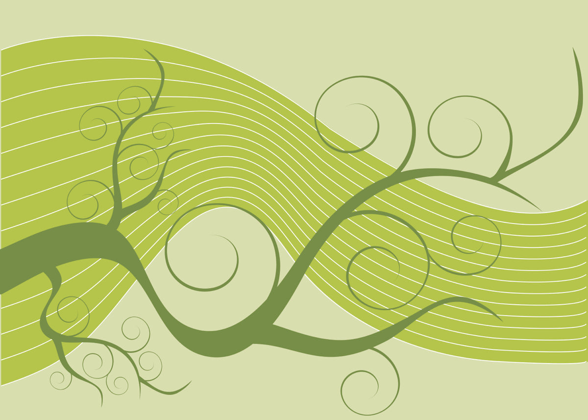 Green Botanical Swirl on Wave Background Art