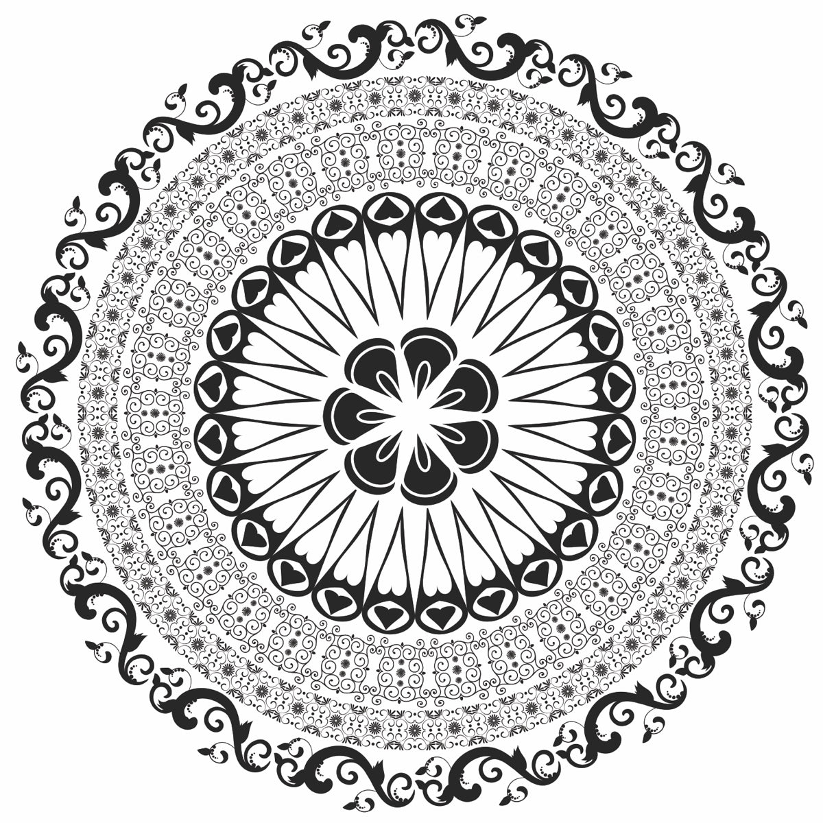 Intricate Black Mandala Circle on White Base