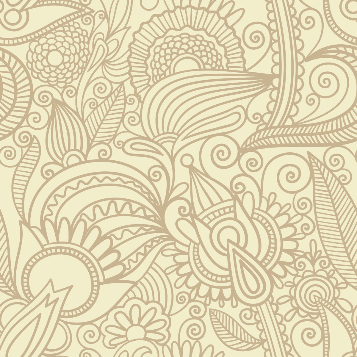 Beige Hand-Drawn Floral Swirl Vector Pattern