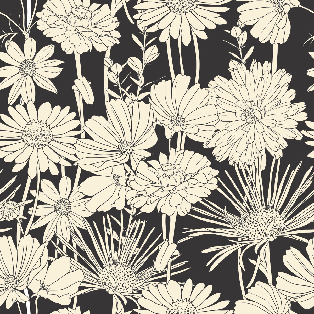 Elegant Beige Floral Outline on Black Background