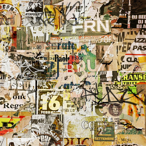 Urban Street Collage of Torn Posters & Graffiti