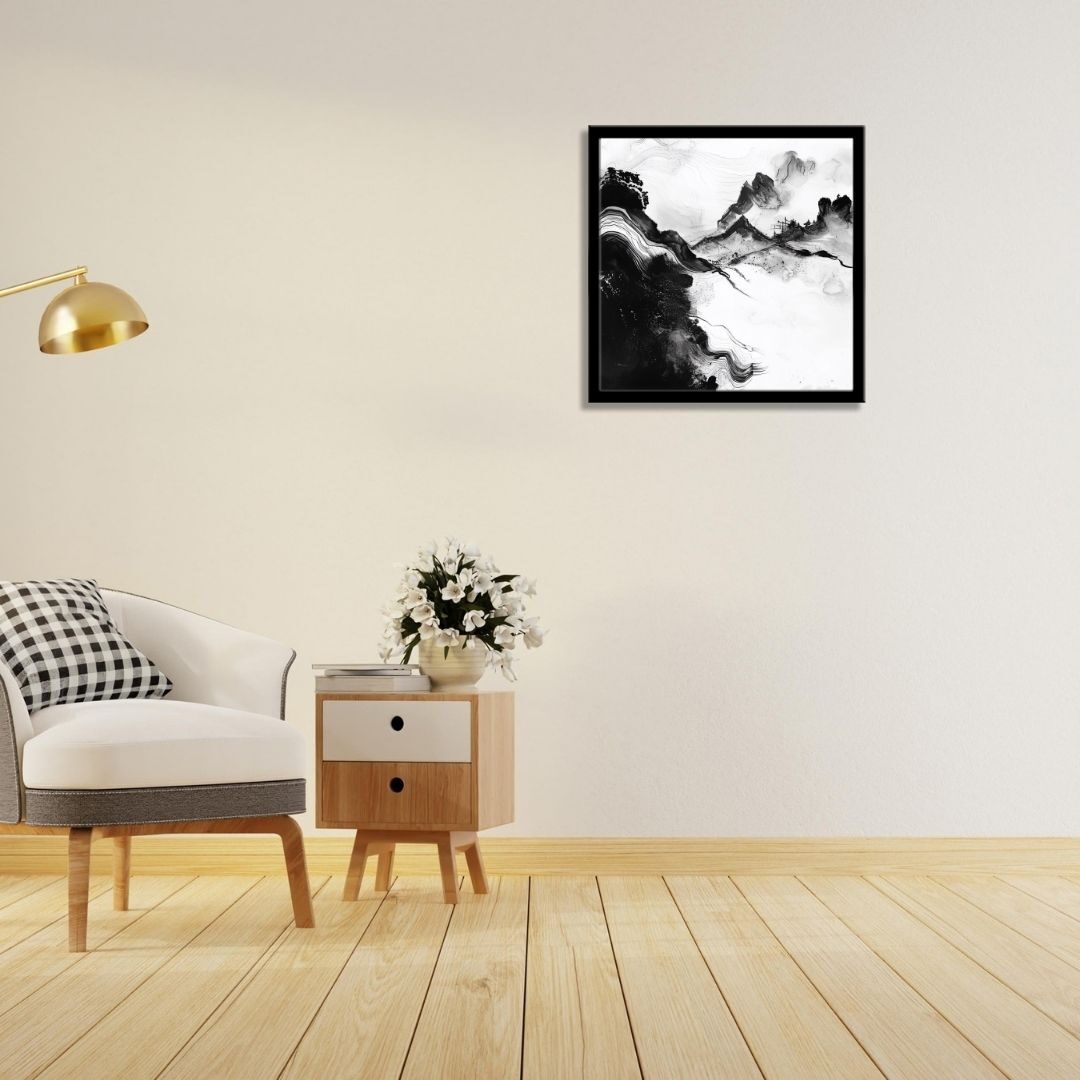 Black & White Abstract Mountain Art – Modern Framed Décor