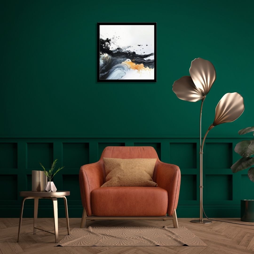 Bold Abstract Ocean Waves Art – Black, White & Gold Frame