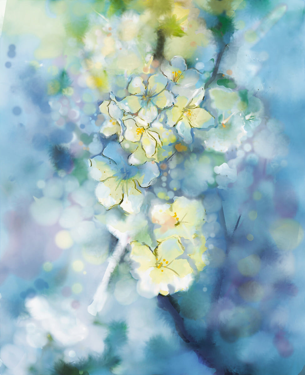 Dreamy Watercolor Floral Bloom on Blue Tones