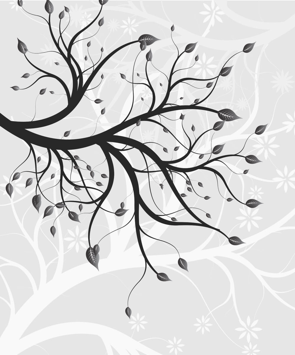 Elegant Black Branch with Leaves on Grey Art