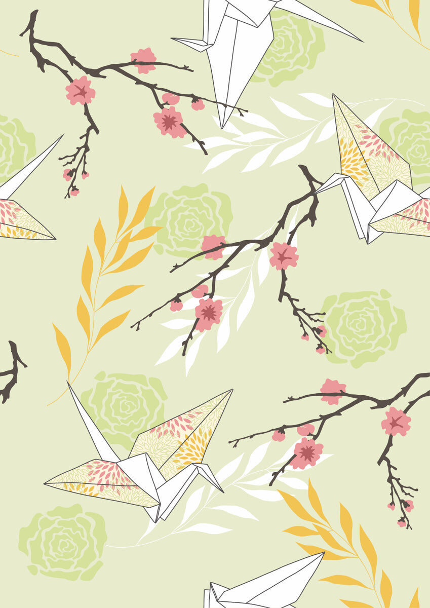 Elegant Origami Crane & Floral Wall Design