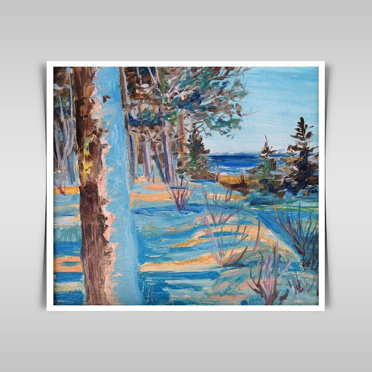 “Winter Serenity: Oil Painting of Snow-Covered Pine Trees by the Sea.”
