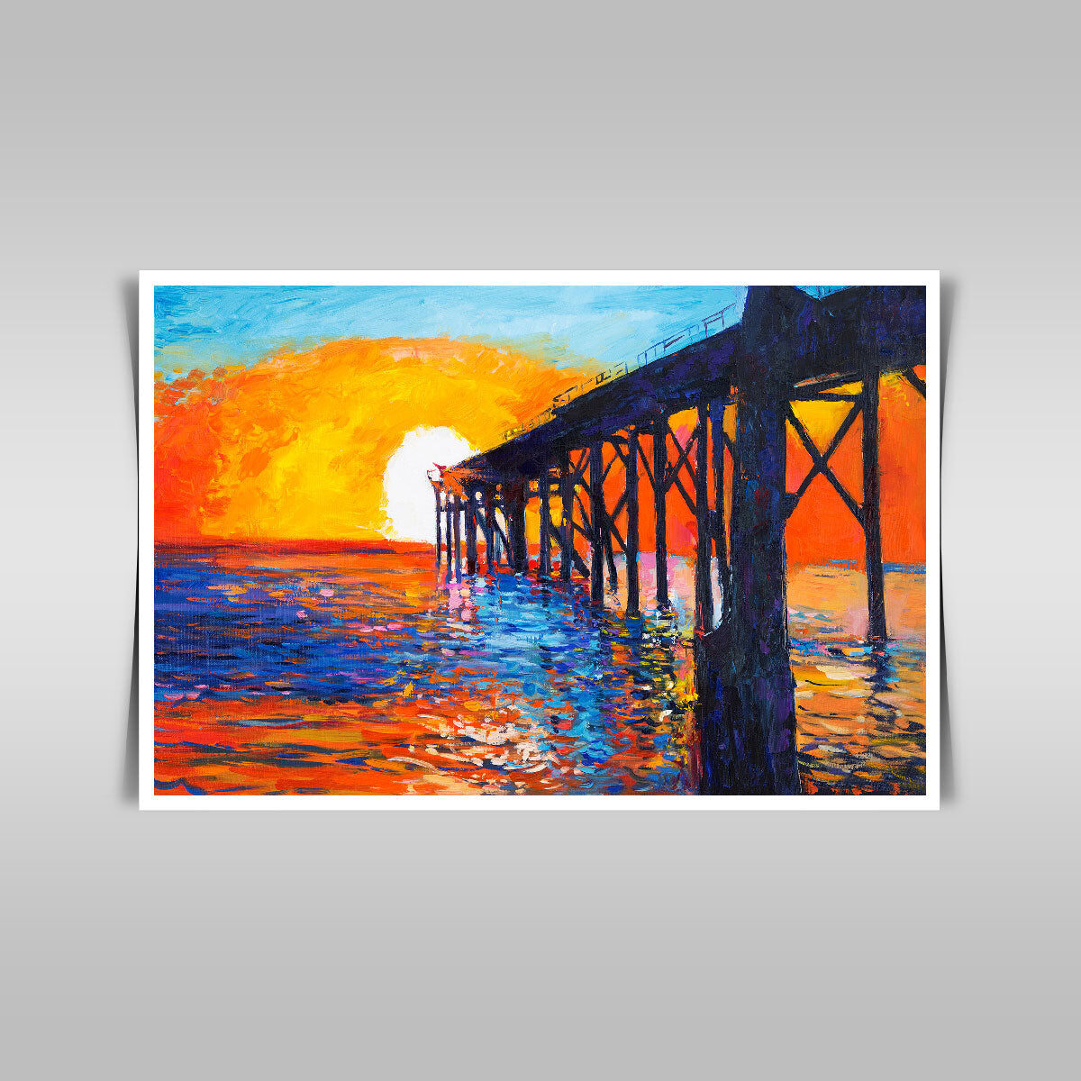 “Golden Sunset Serenity: Modern Impressionist Oil Painting of a Pier on Canvas.”