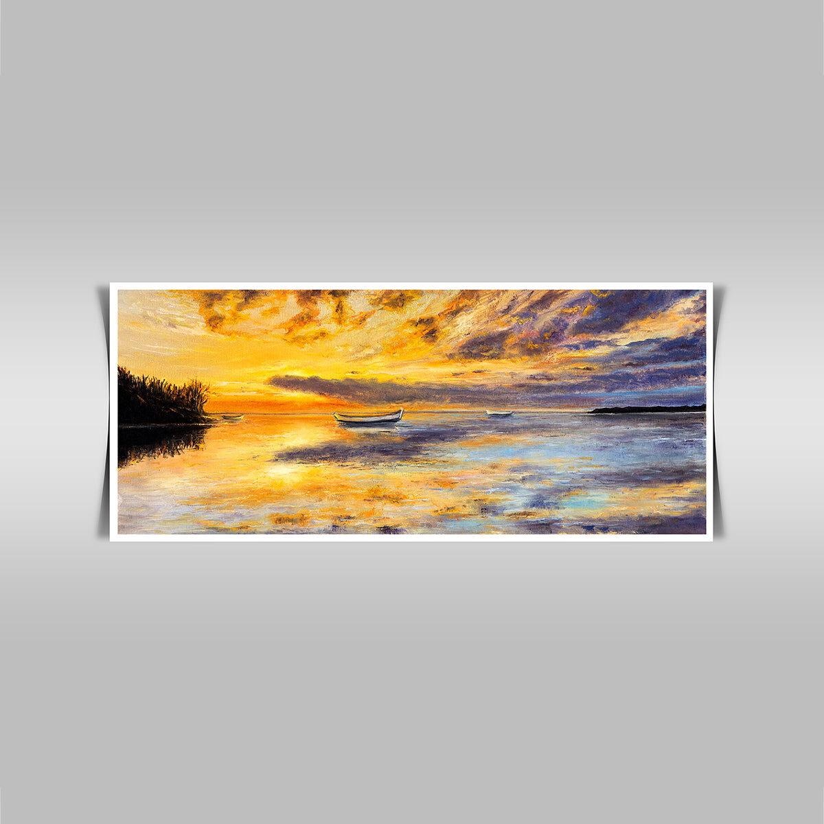 “Golden Sunset Panorama: Original Oil Painting of Boat and Sea.”