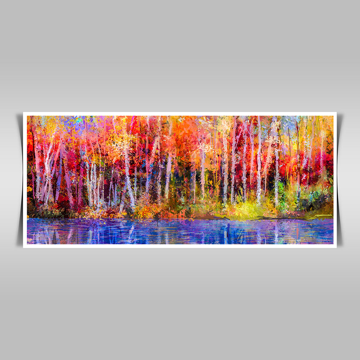“Vibrant Autumn Trees: Semi-Abstract Oil Painting of Aspen Trees by the Lake.”