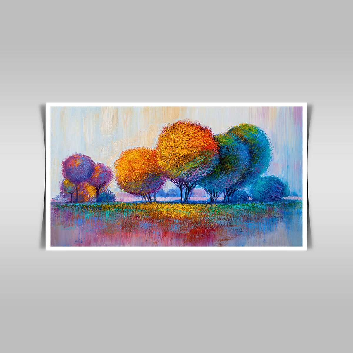 “Nature’s Beauty in Oil: Colorful Trees in Hand-Painted Impressionist Landscape.”