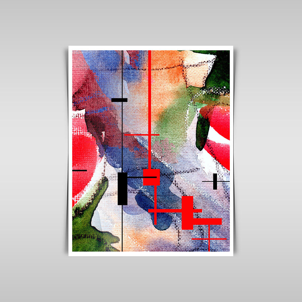 “Expressive Abstract Collage: Mixed Media and Watercolor on Paper.”