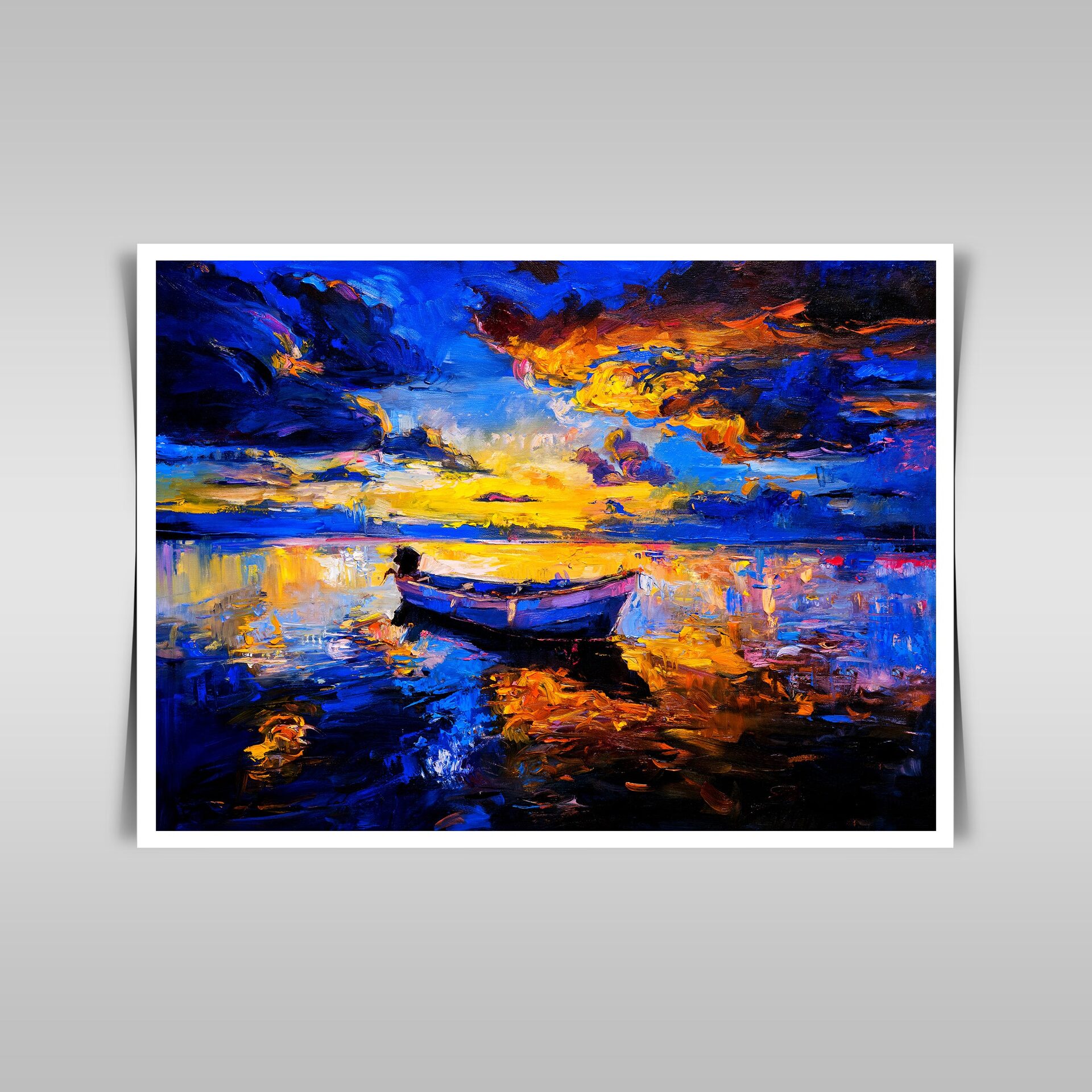 “Modern Impressionism: Original Oil Painting of a Sunset Sky and Boat on Canvas.”