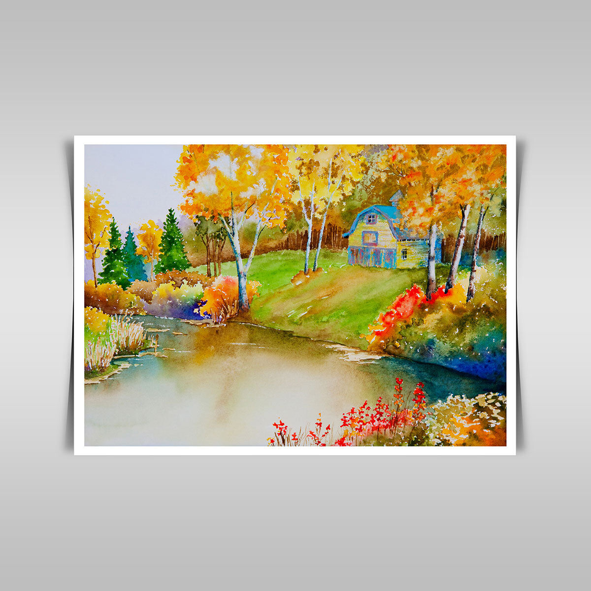 “Autumn Serenity: An Original Watercolor Painting of an Old Barn by a Quiet Pond.”