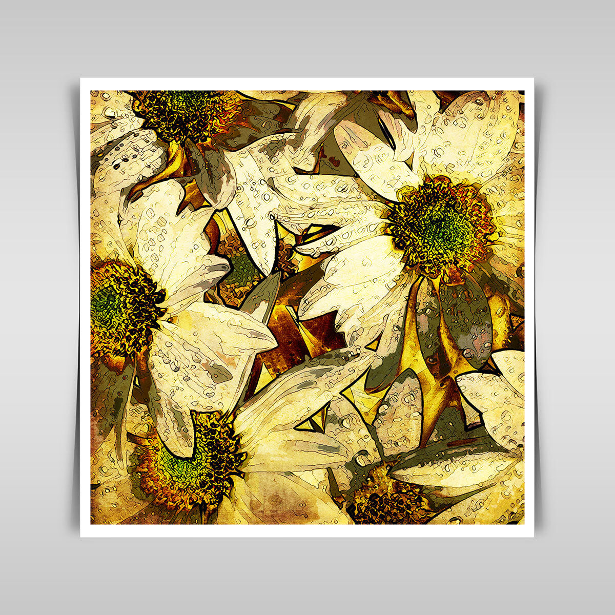 “Colorful vintage background adorned with gold and white chamomiles, artistic.”