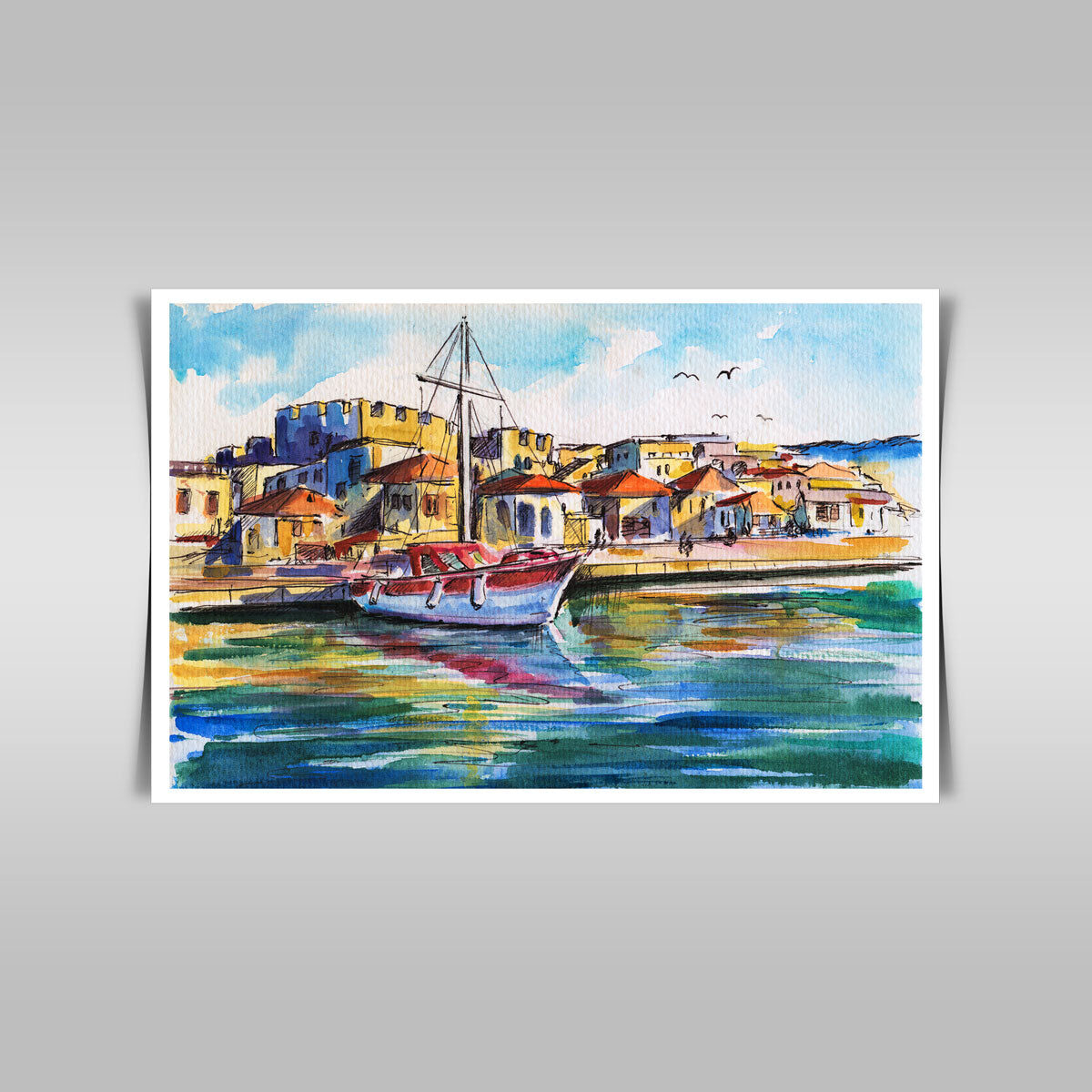 “Summer Harbor Serenity: A Watercolor Creation with Sailing Boat.”