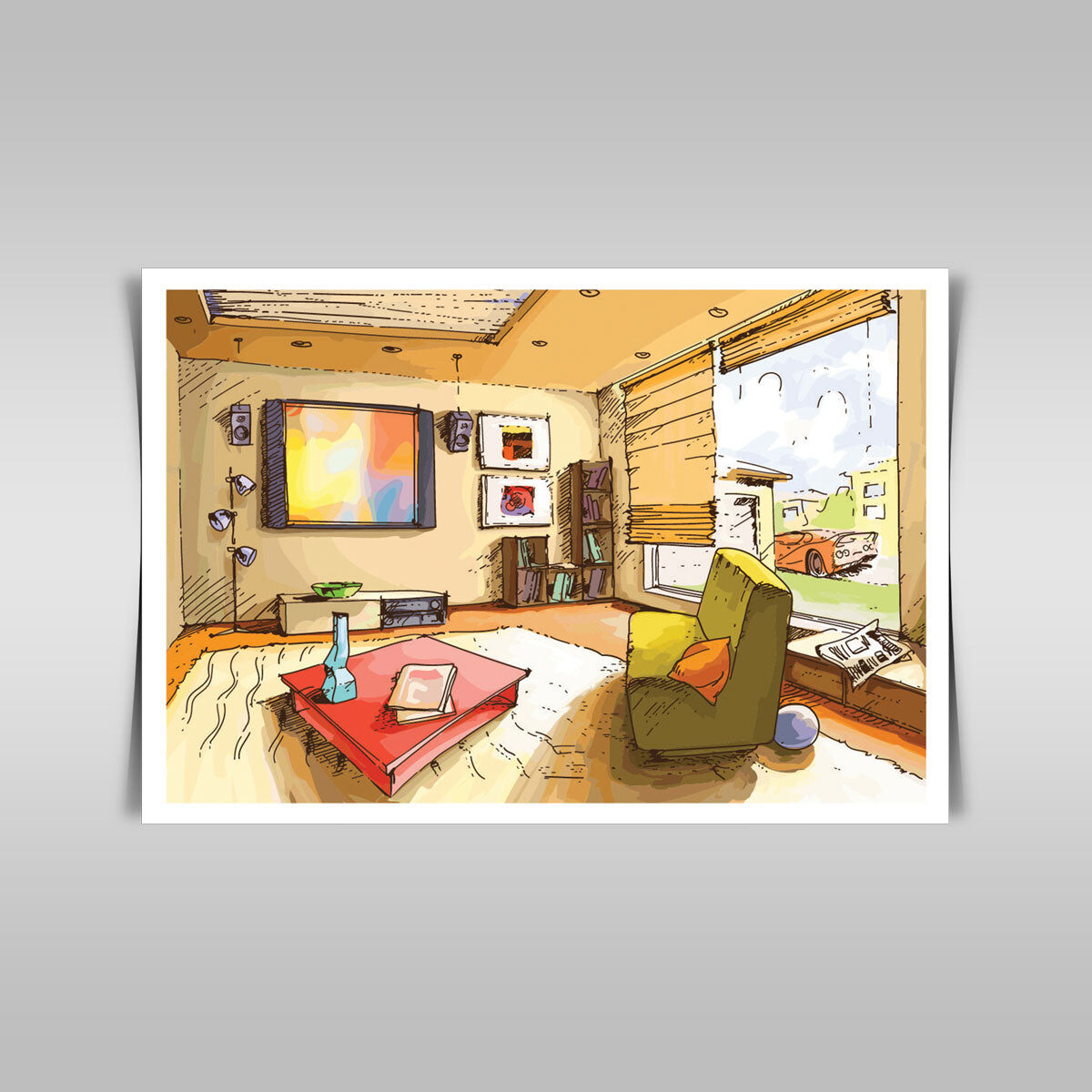 “Sunlit Cozy Living Room: A Layered Vector Image of Serenity.”