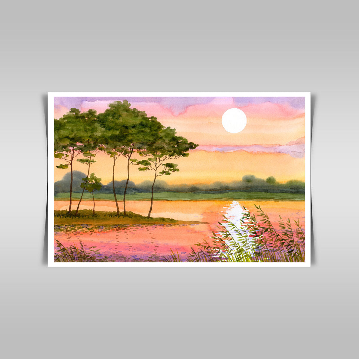 “Sunrise Above Quiet Lake: Illuminating the Island’s Pine Trees.”
