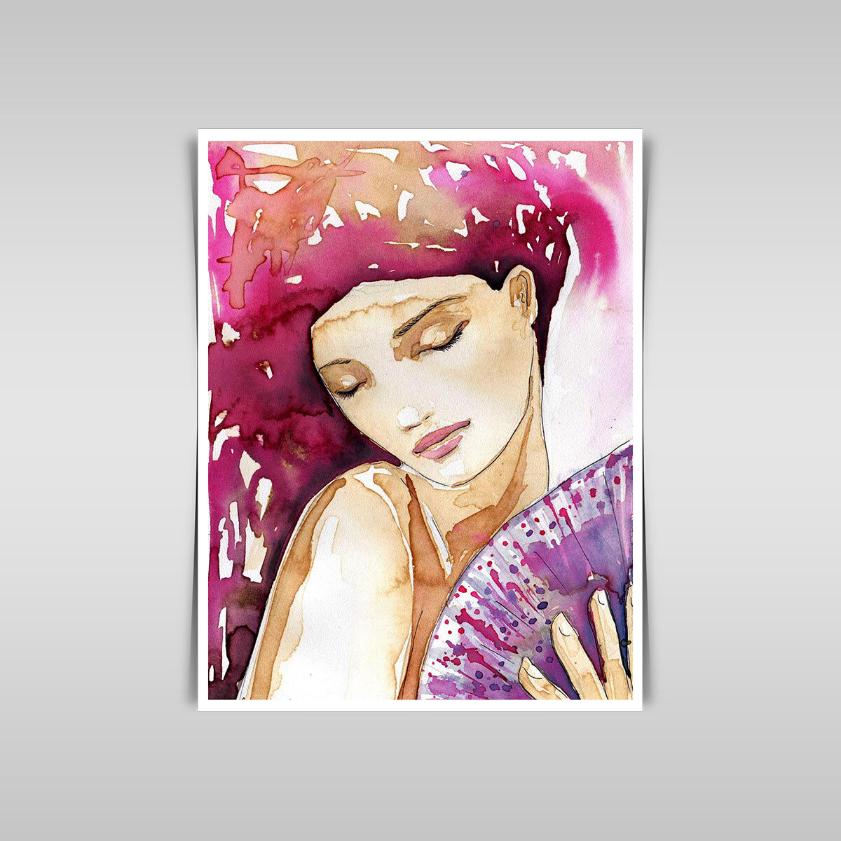 “Coffee-Stained Beauty: Watercolor Portrait of a Woman with a Fan.”