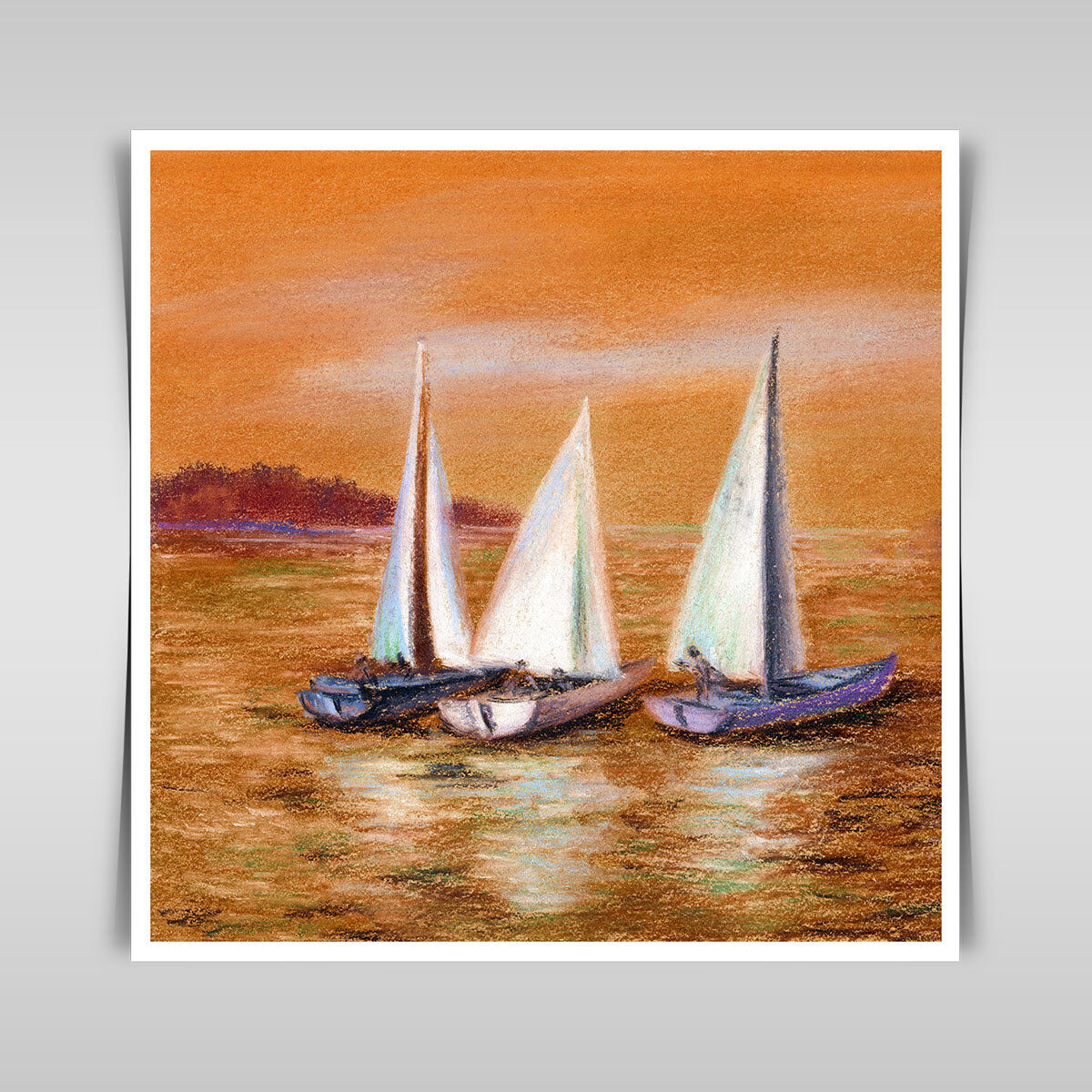 “Hand-Drawn Pastel Landscape with Yachts on the Serene Seashore.”