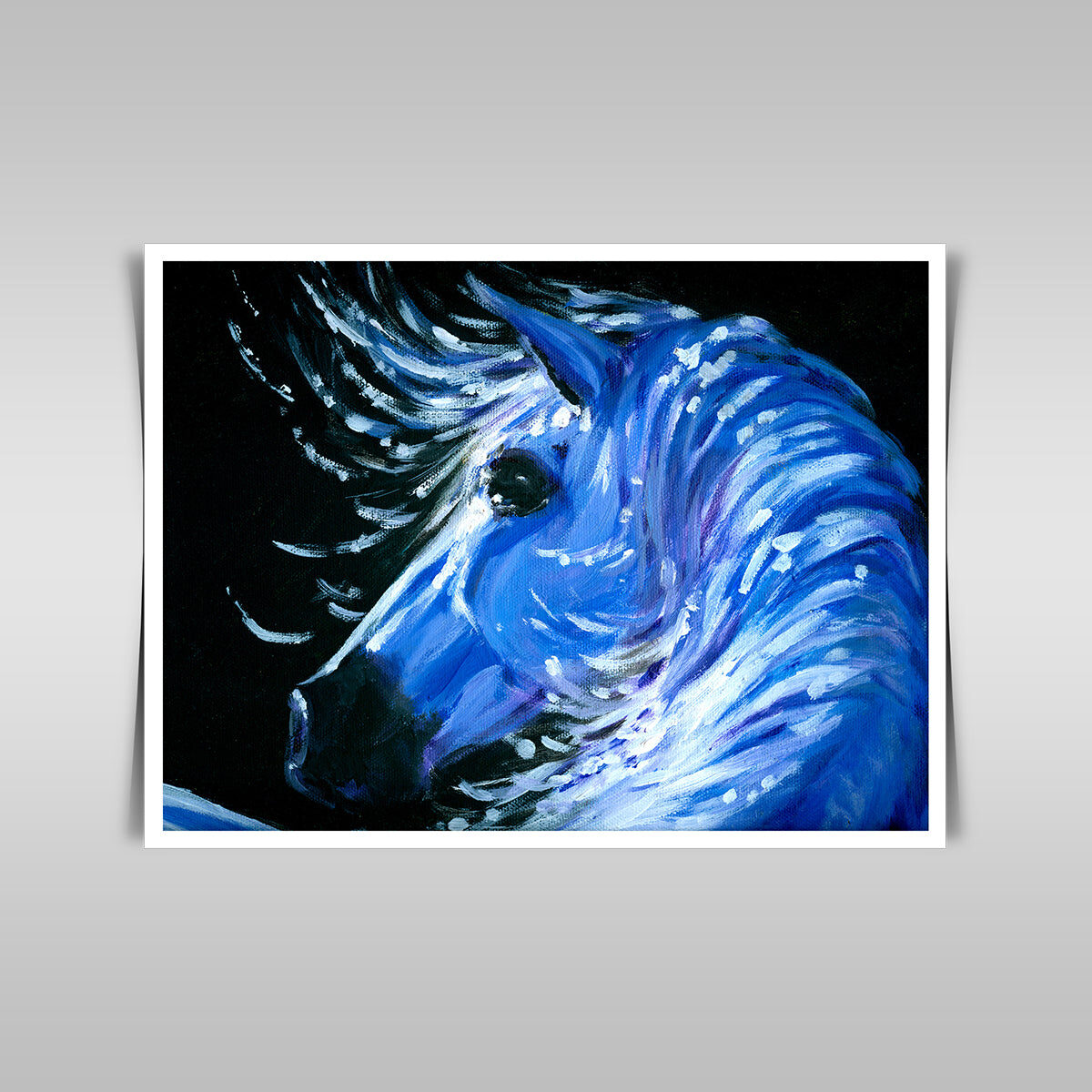 “Mystical Night: A White Horse in Acrylic Paint, Crafted by Me.”