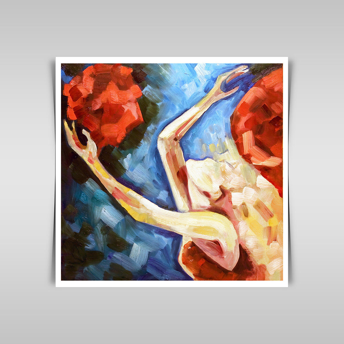“Blonde Girl’s Colorful Play: Oil Painting on Canvas Beneath Clear Blue Skies.”