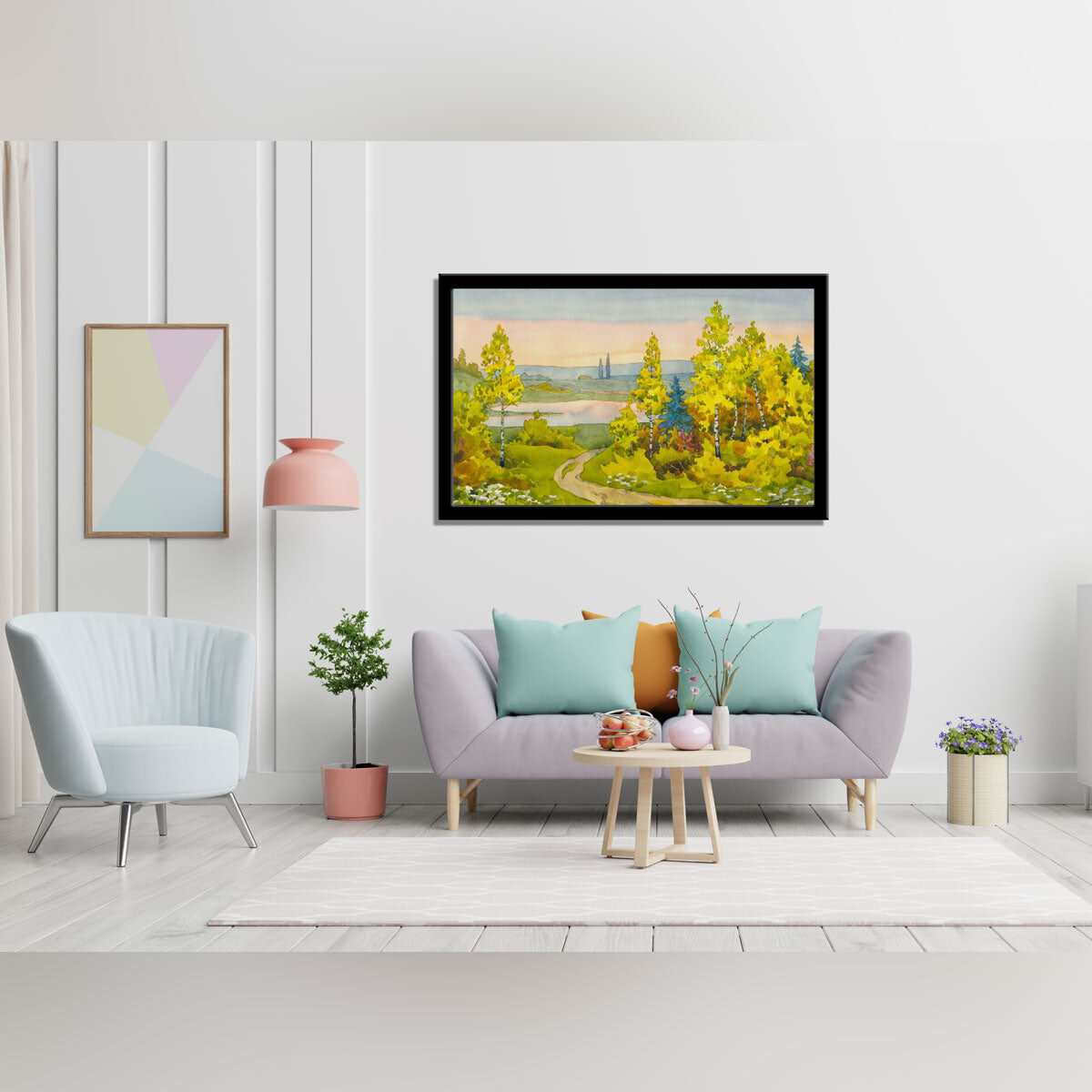 “Tranquil Valley Path: A Watercolor Landscape Leading to the Lake.”