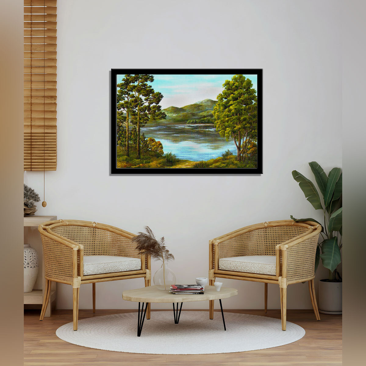 “Autumn’s Serenity: An Oil Painting on Canvas of a Mountain Lake.”