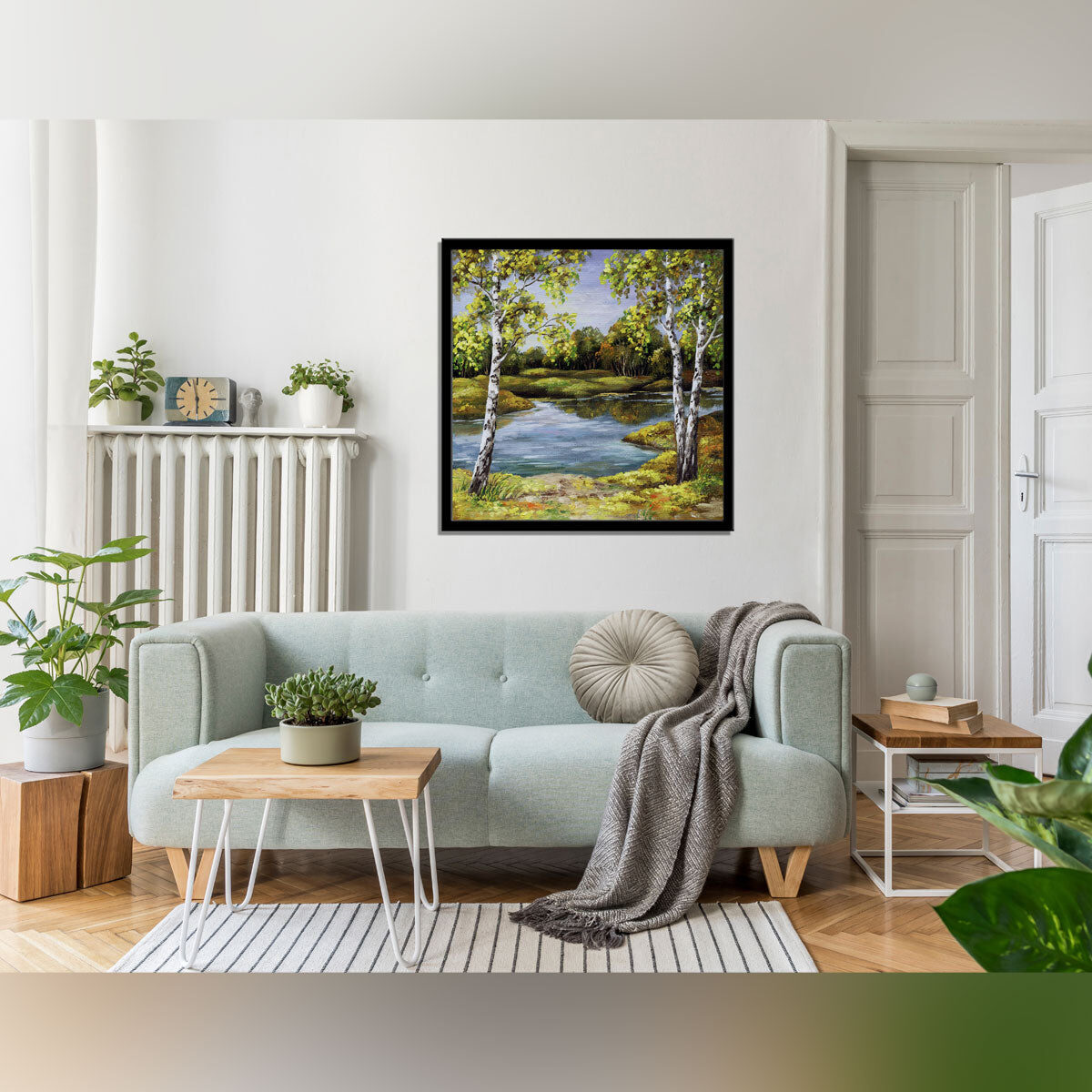 “Birches by the Coast in Autumn: An Oil Painting on Canvas.”