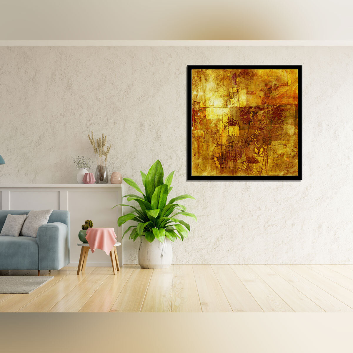 “Monochrome Golden Abstract Art: Stylized Flowers and Leaves in Earthy Tones.”