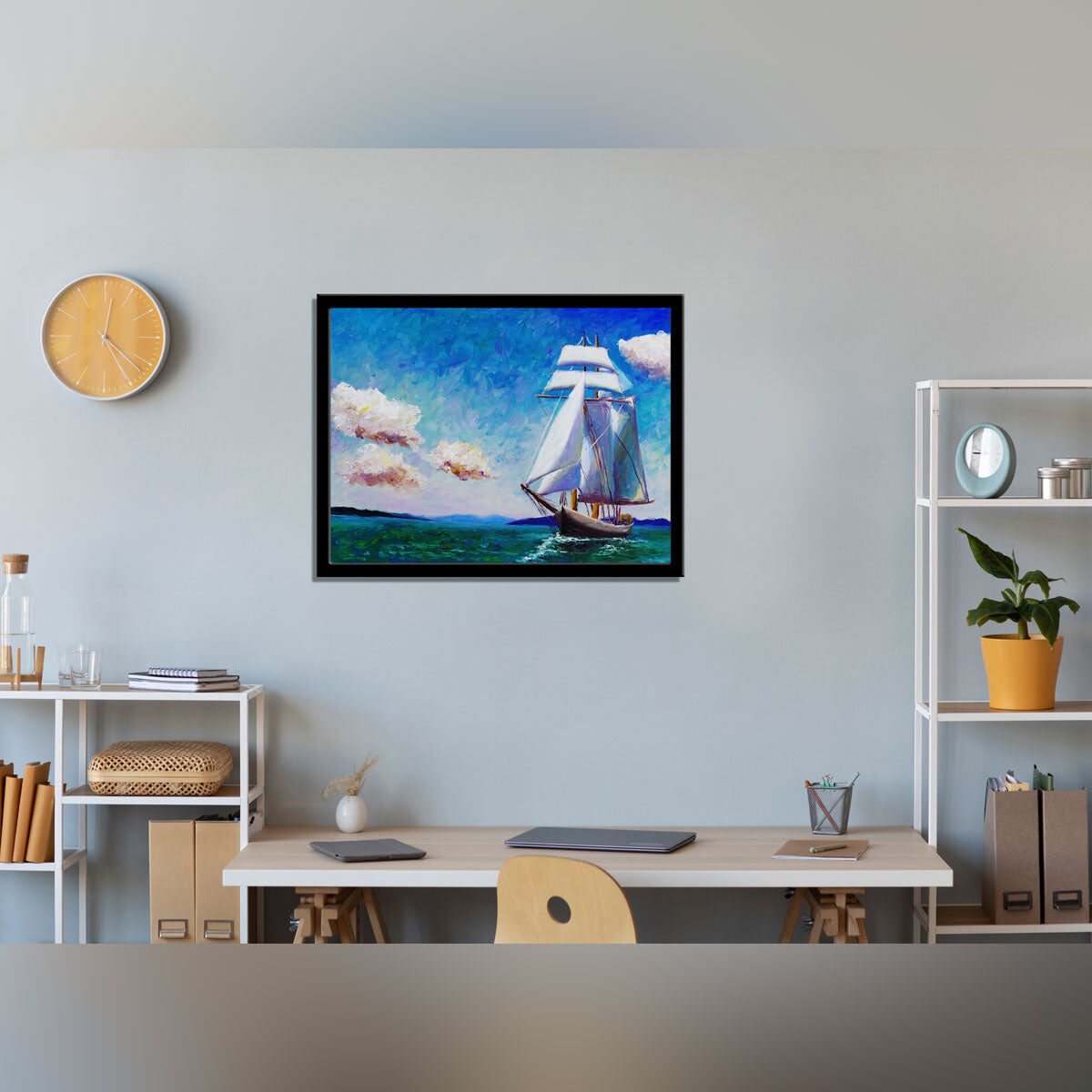 “Sailing Boat Serenity: An Oil Painting Capturing Nautical Tranquility.”