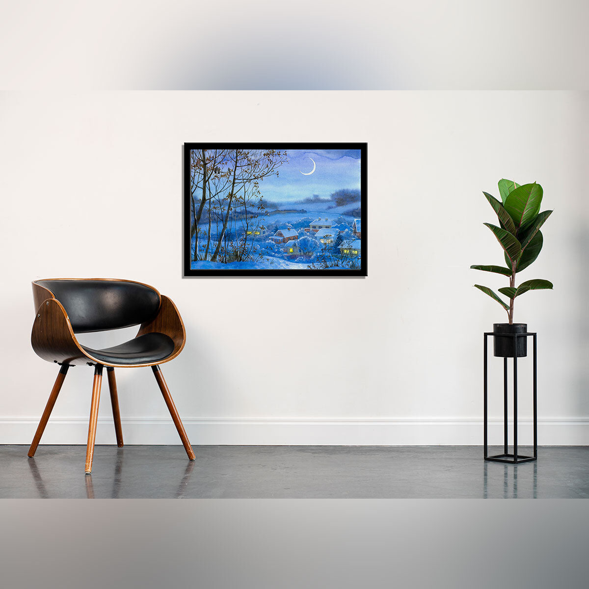 “Quiet Snowy Night: Watercolor Landscape with Lighted Winter Windows.”