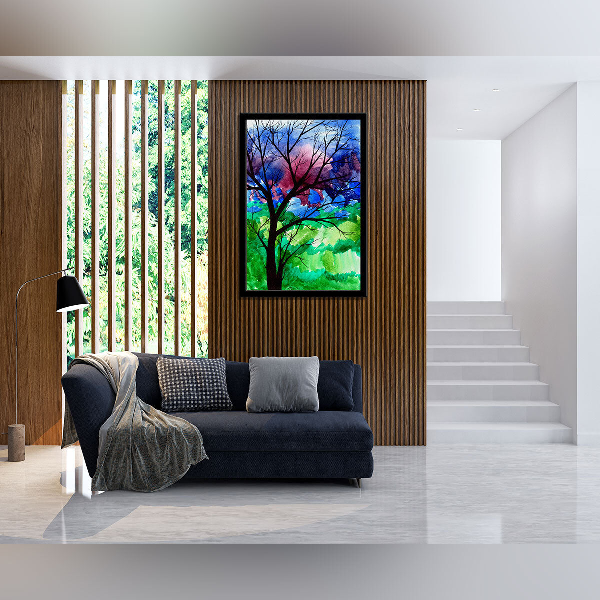 “Cool Color Tree: A Serene Watercolor Representation of Nature.”