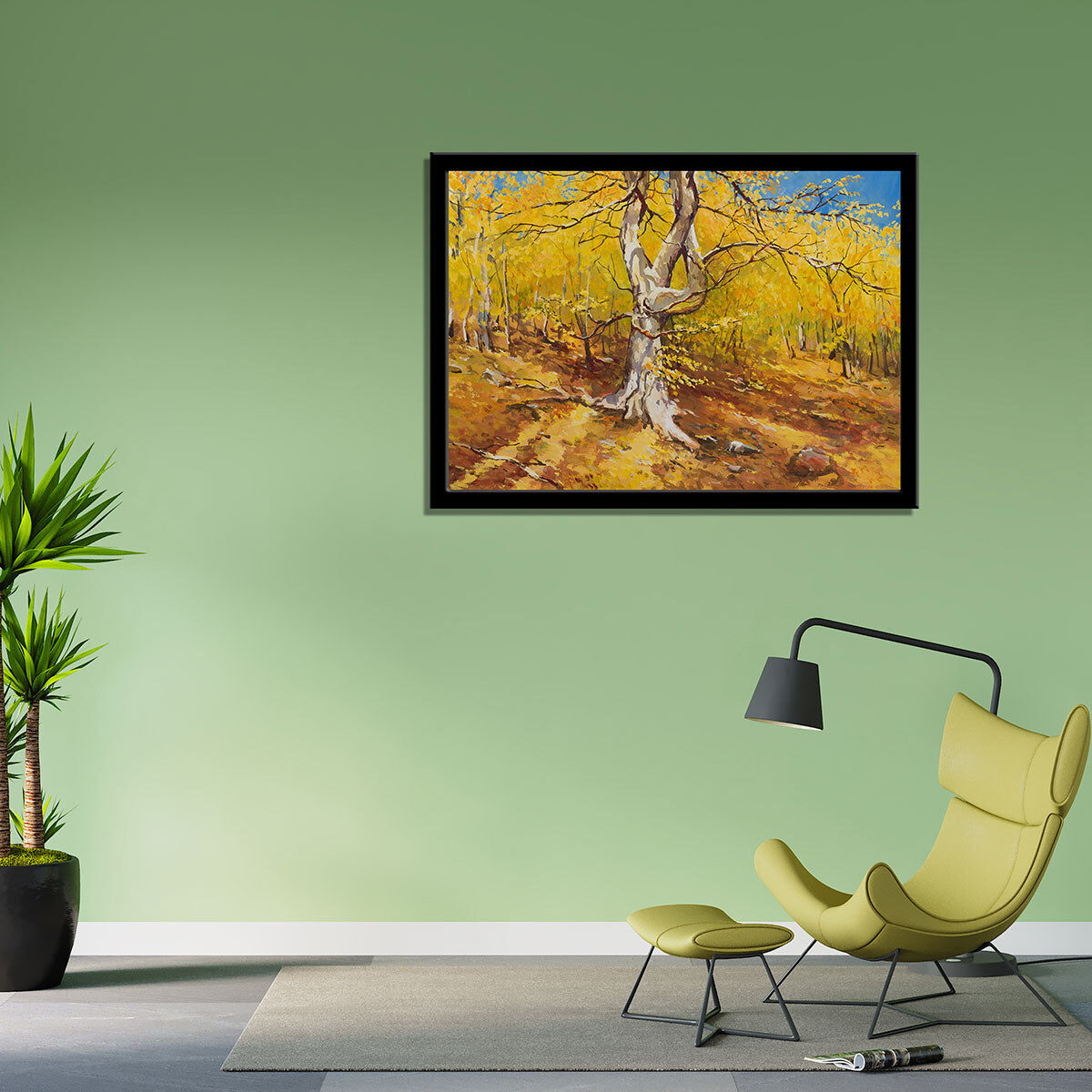 “Gouache Forest: An Autumnal Landscape on Paper, Crafted with Care.”