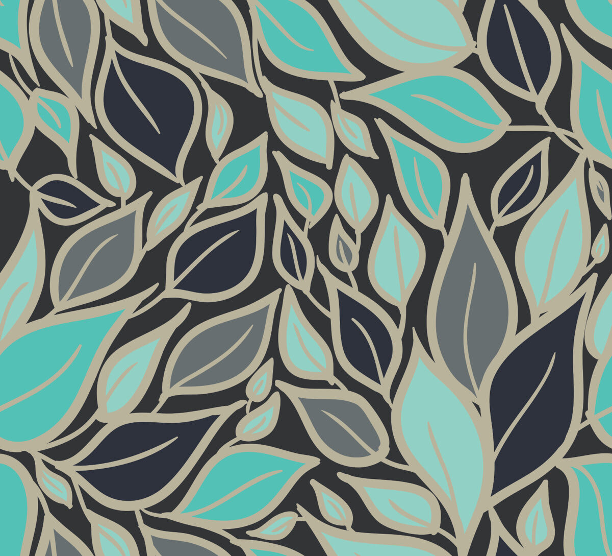 Modern Leaf Art Pattern in Aqua and Teal Tones