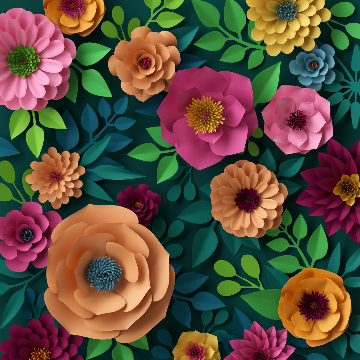Vibrant 3D Floral Pattern with Lush Leaves