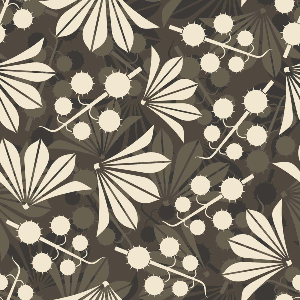 Vintage Botanical Pattern – Beige on Deep Brown Background