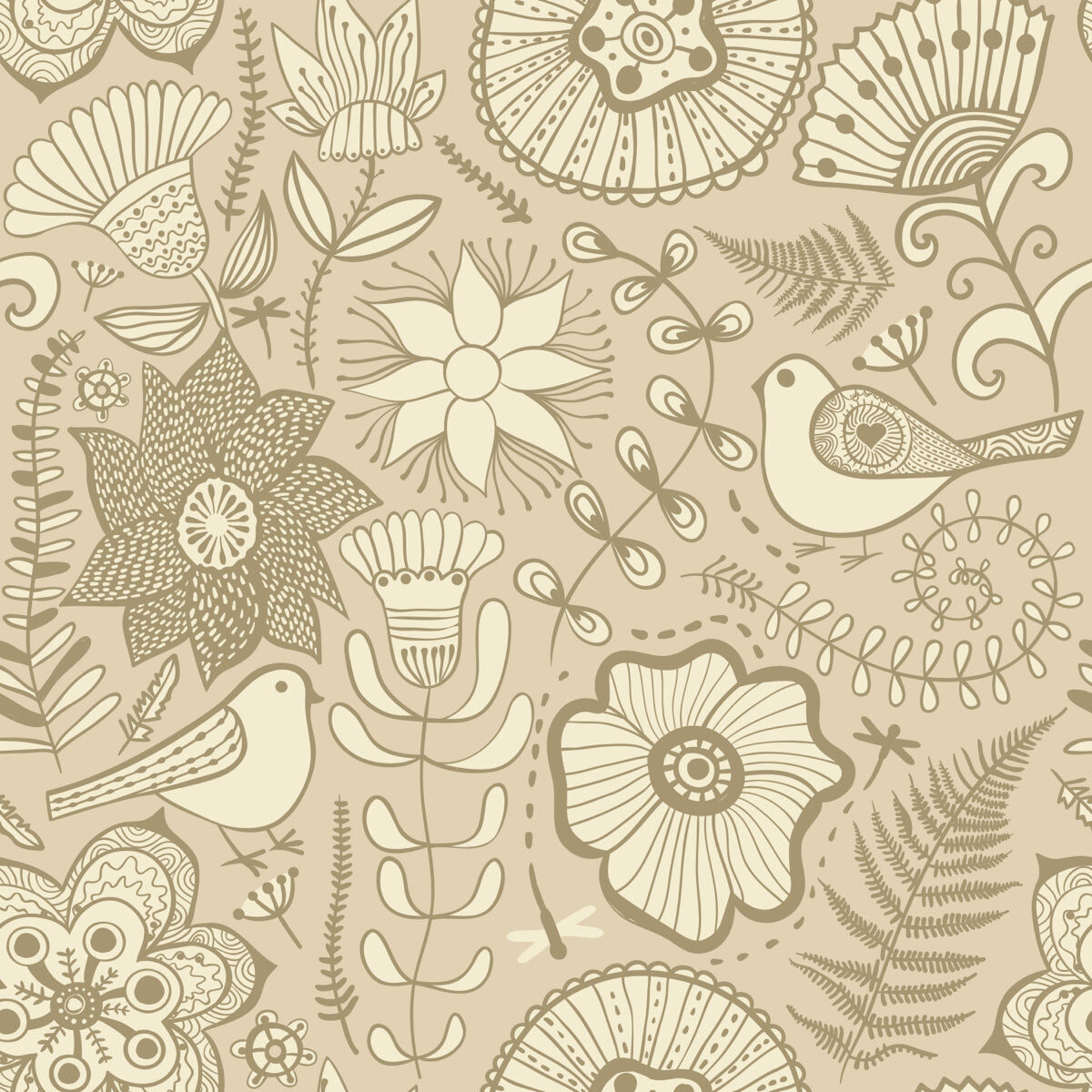 Vintage Floral and Bird Pattern in Beige Tones